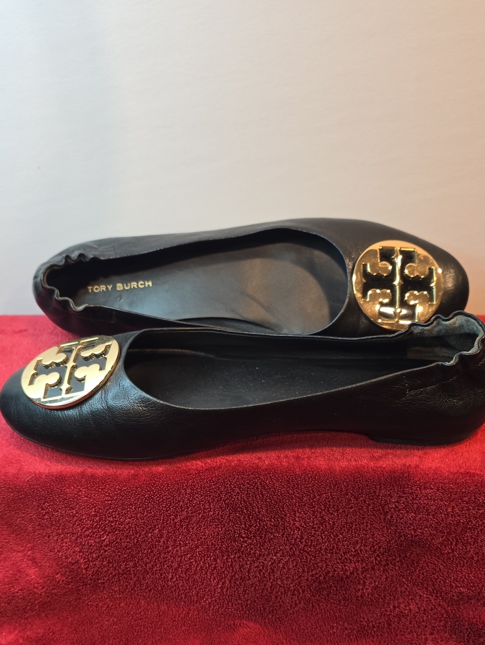 Tory Burch Black Leather Ballet Flats with Gold Logo Medallions